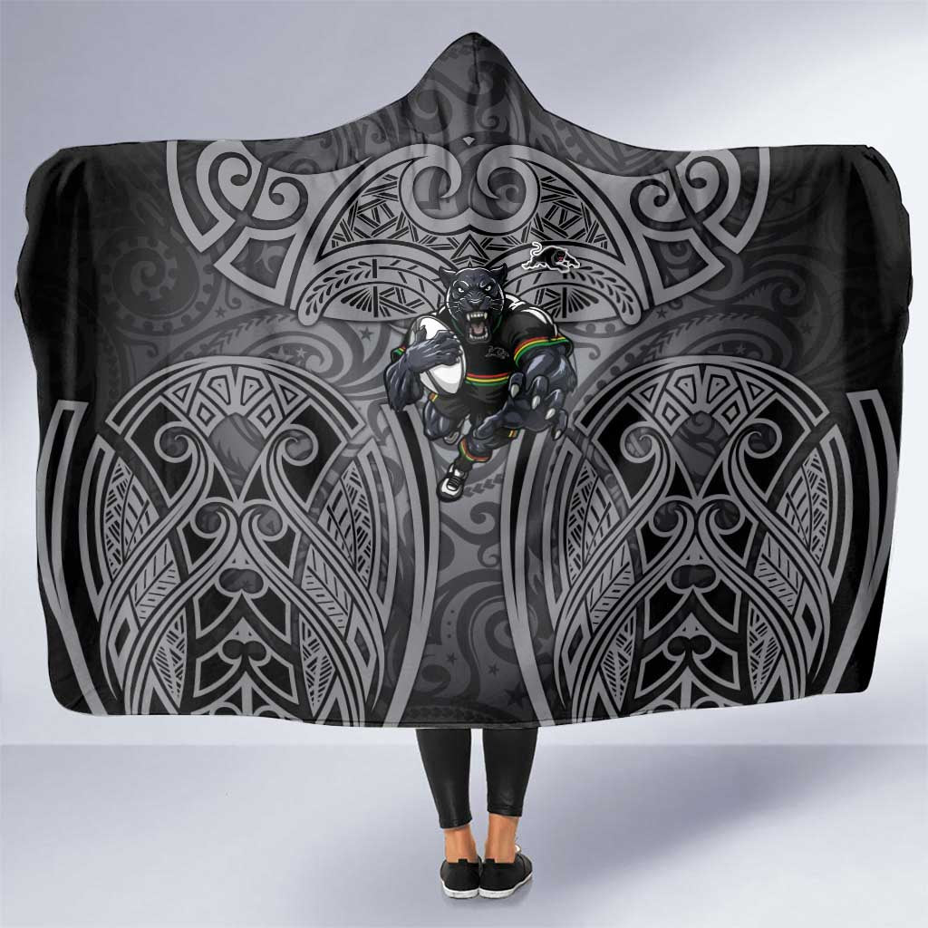 Penrith Panthers Rugby Hooded Blanket Polynesian Tribal Panther Warrior Black Grey Pattern