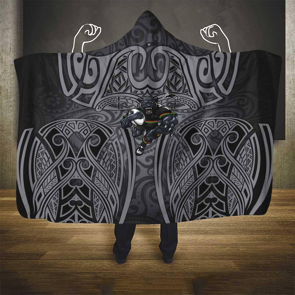 Penrith Panthers Rugby Hooded Blanket Polynesian Tribal Panther Warrior Black Grey Pattern