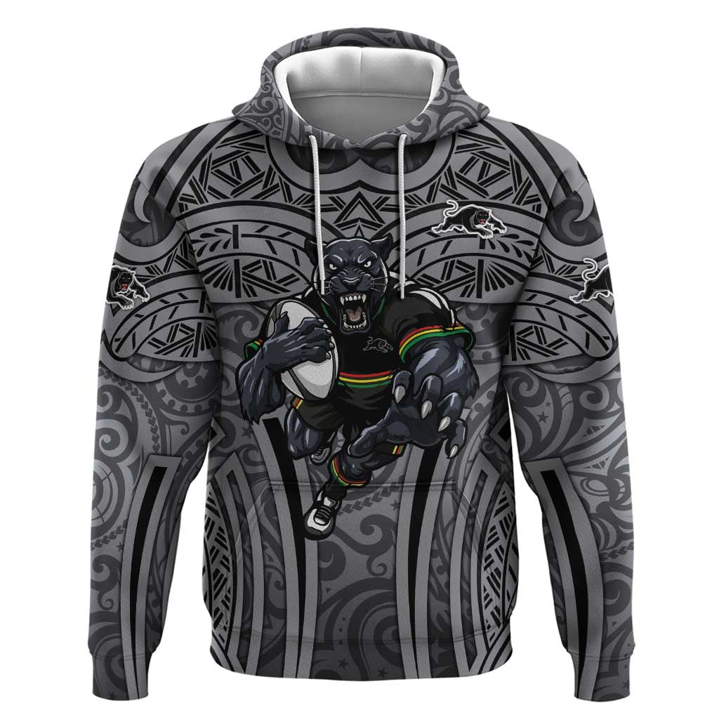 Penrith Panthers Rugby Hoodie Polynesian Tribal Panther Warrior Black Grey Pattern