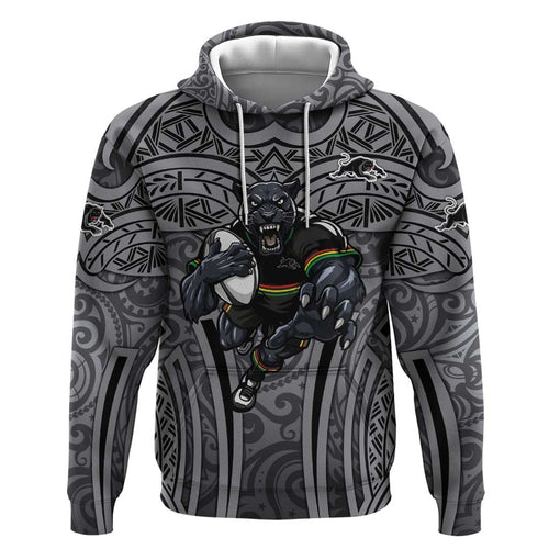 Penrith Panthers Rugby Hoodie Polynesian Tribal Panther Warrior Black Grey Pattern