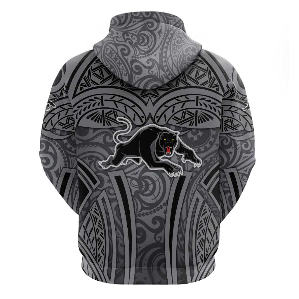 Penrith Panthers Rugby Hoodie Polynesian Tribal Panther Warrior Black Grey Pattern