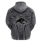 Penrith Panthers Rugby Hoodie Polynesian Tribal Panther Warrior Black Grey Pattern