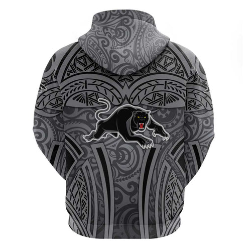 Penrith Panthers Rugby Hoodie Polynesian Tribal Panther Warrior Black Grey Pattern