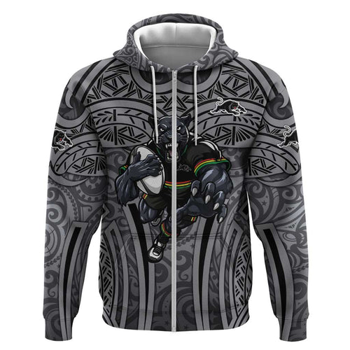 Penrith Panthers Rugby Hoodie Polynesian Tribal Panther Warrior Black Grey Pattern