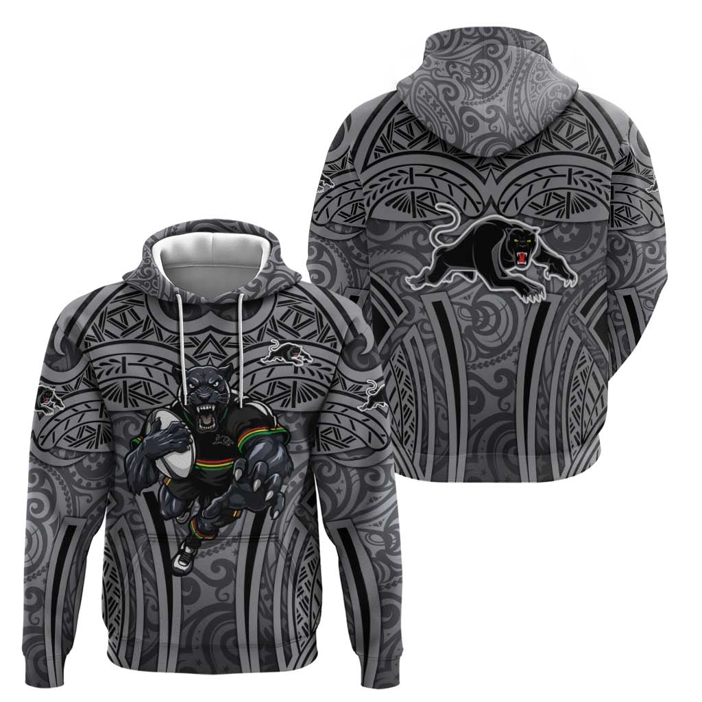 Penrith Panthers Rugby Hoodie Polynesian Tribal Panther Warrior Black Grey Pattern