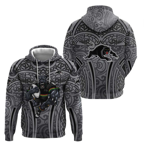 Penrith Panthers Rugby Hoodie Polynesian Tribal Panther Warrior Black Grey Pattern