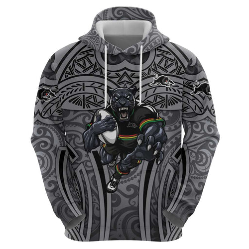 Penrith Panthers Rugby Hoodie Polynesian Tribal Panther Warrior Black Grey Pattern
