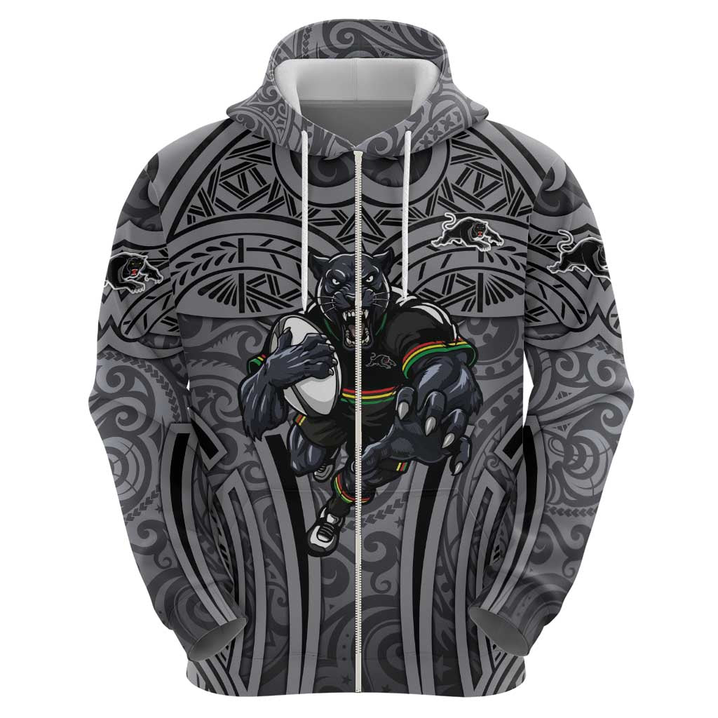 Penrith Panthers Rugby Hoodie Polynesian Tribal Panther Warrior Black Grey Pattern