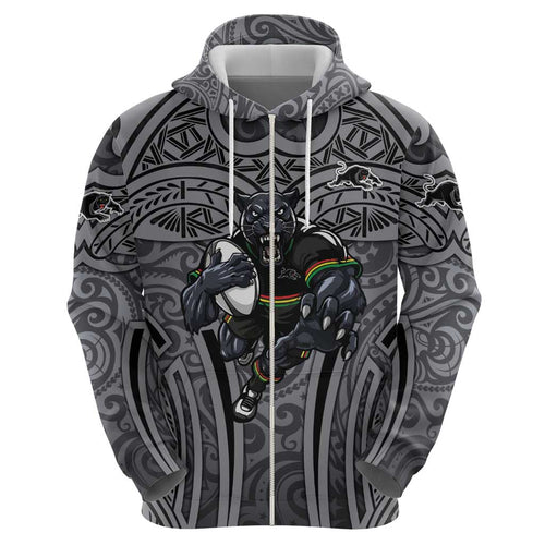 Penrith Panthers Rugby Hoodie Polynesian Tribal Panther Warrior Black Grey Pattern
