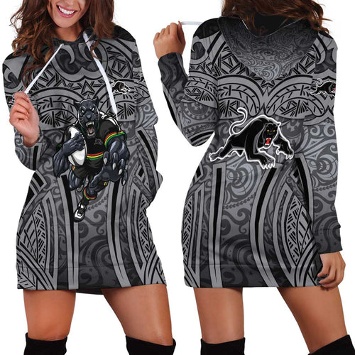Penrith Panthers Rugby Hoodie Dress Polynesian Tribal Panther Warrior Black Grey Pattern