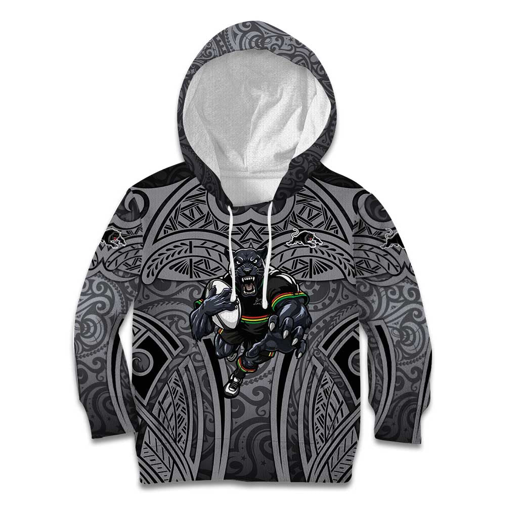 Penrith Panthers Rugby Kid Hoodie Polynesian Tribal Panther Warrior Black Grey Pattern