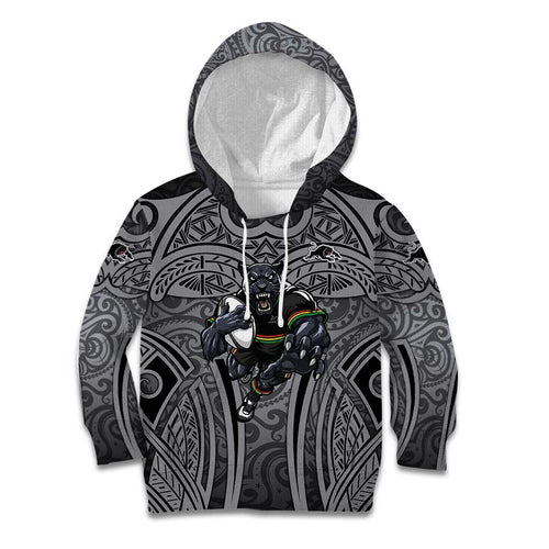 Penrith Panthers Rugby Kid Hoodie Polynesian Tribal Panther Warrior Black Grey Pattern