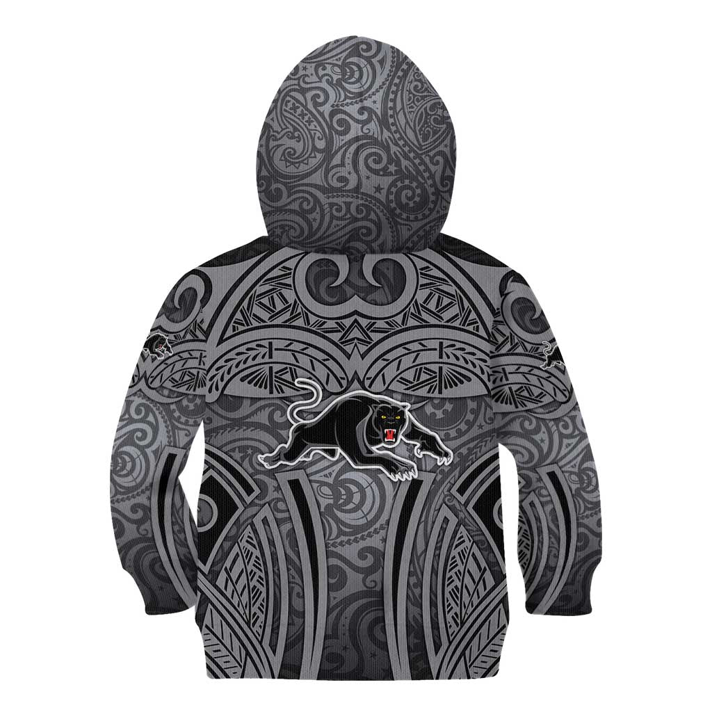 Penrith Panthers Rugby Kid Hoodie Polynesian Tribal Panther Warrior Black Grey Pattern