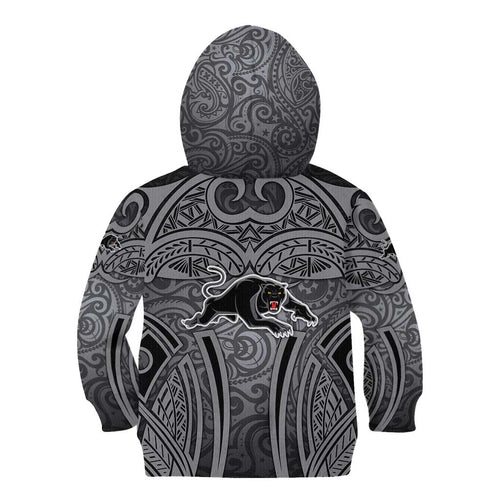 Penrith Panthers Rugby Kid Hoodie Polynesian Tribal Panther Warrior Black Grey Pattern