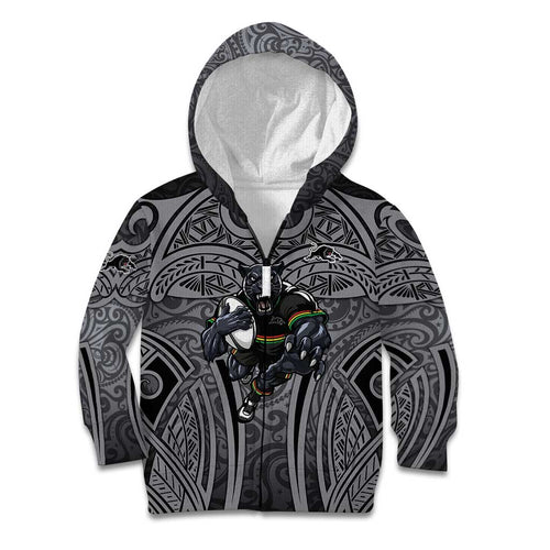Penrith Panthers Rugby Kid Hoodie Polynesian Tribal Panther Warrior Black Grey Pattern