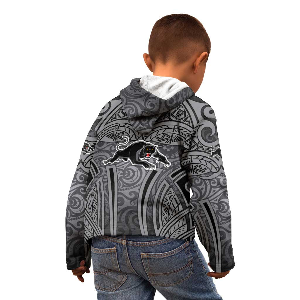 Penrith Panthers Rugby Kid Hoodie Polynesian Tribal Panther Warrior Black Grey Pattern