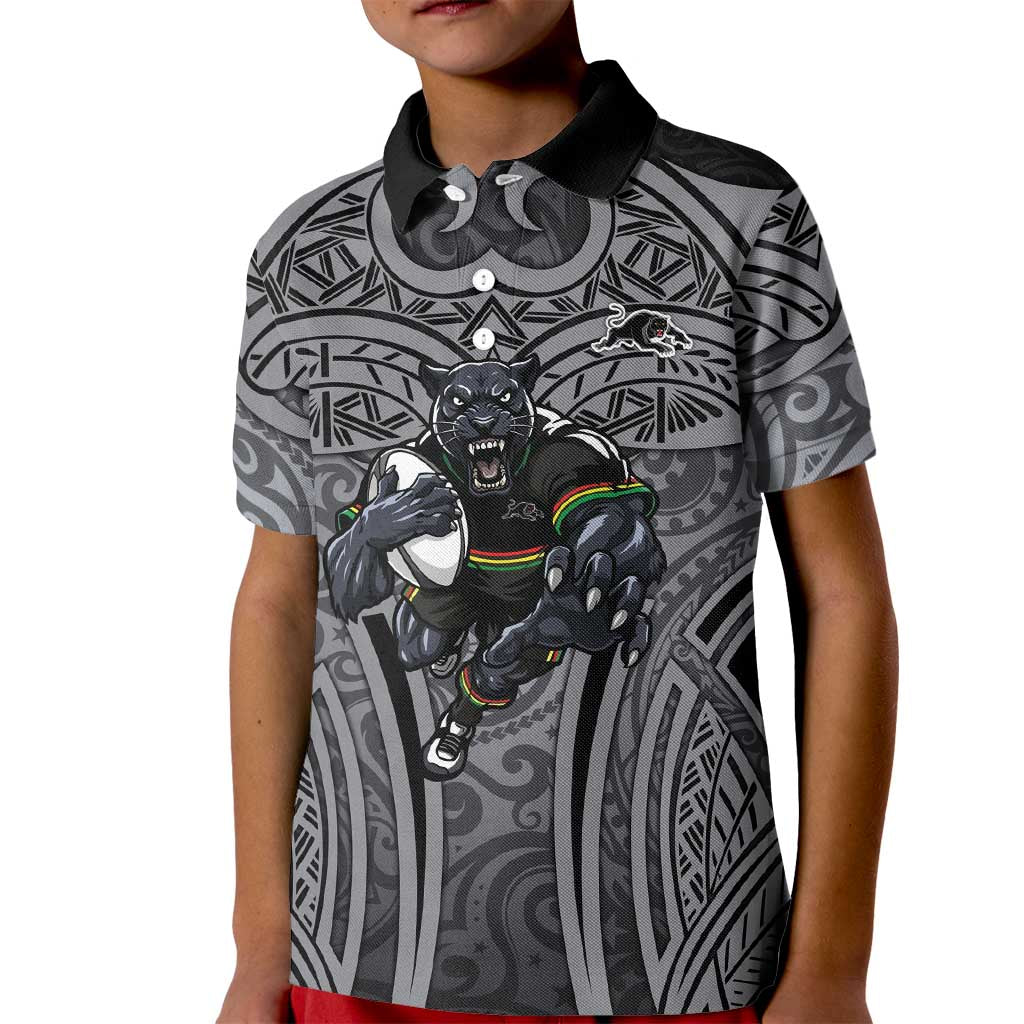 Penrith Panthers Rugby Kid Polo Shirt Polynesian Tribal Panther Warrior Black Grey Pattern
