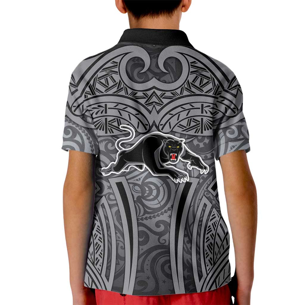 Penrith Panthers Rugby Kid Polo Shirt Polynesian Tribal Panther Warrior Black Grey Pattern