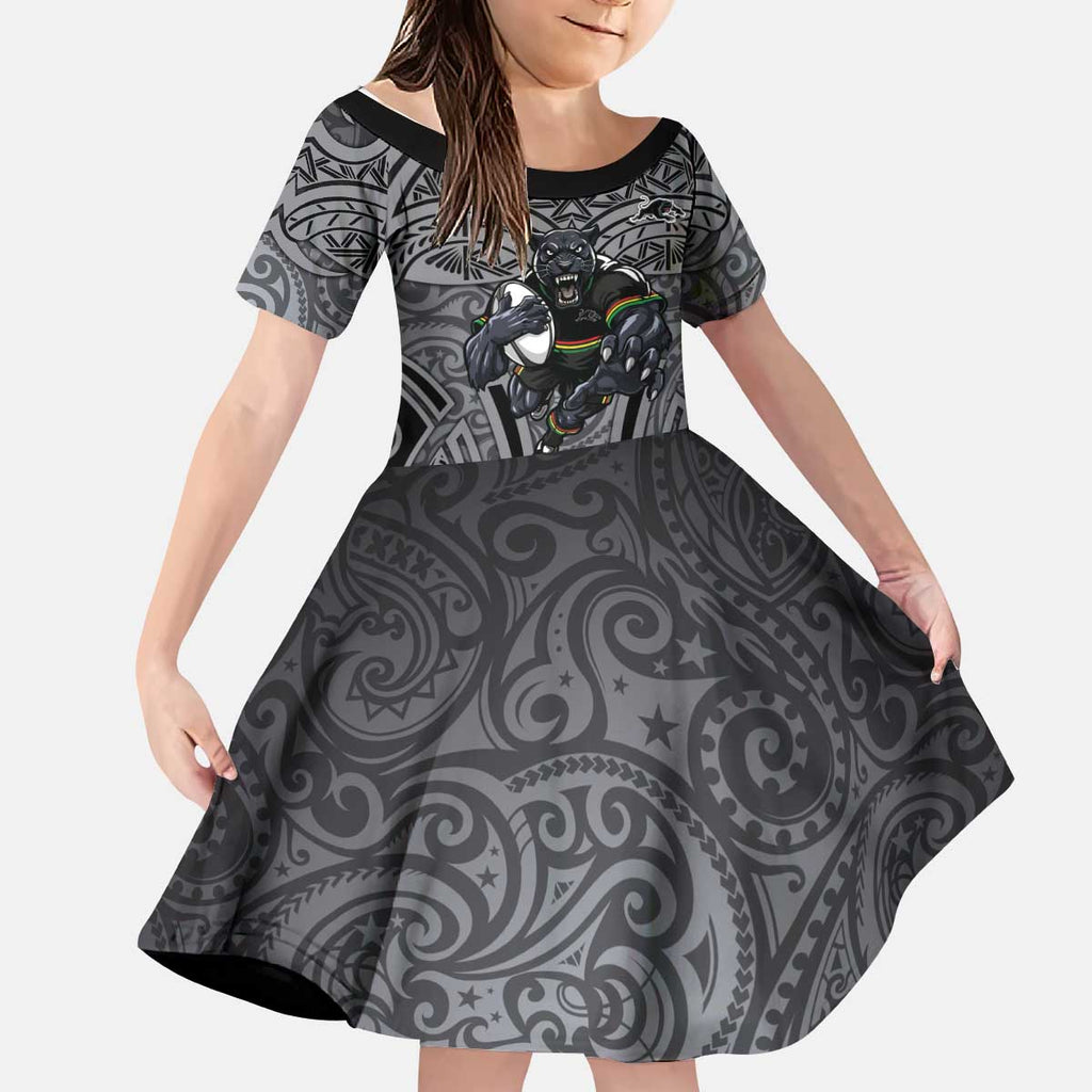 Penrith Panthers Rugby Kid Short Sleeve Dress Polynesian Tribal Panther Warrior Black Grey Pattern