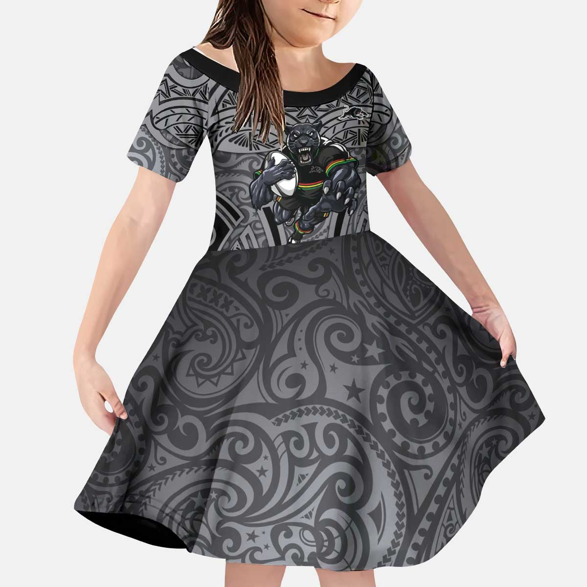 Penrith Panthers Rugby Kid Short Sleeve Dress Polynesian Tribal Panther Warrior Black Grey Pattern