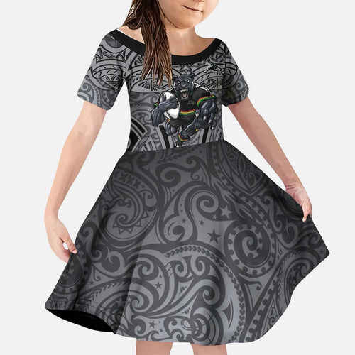 Penrith Panthers Rugby Kid Short Sleeve Dress Polynesian Tribal Panther Warrior Black Grey Pattern