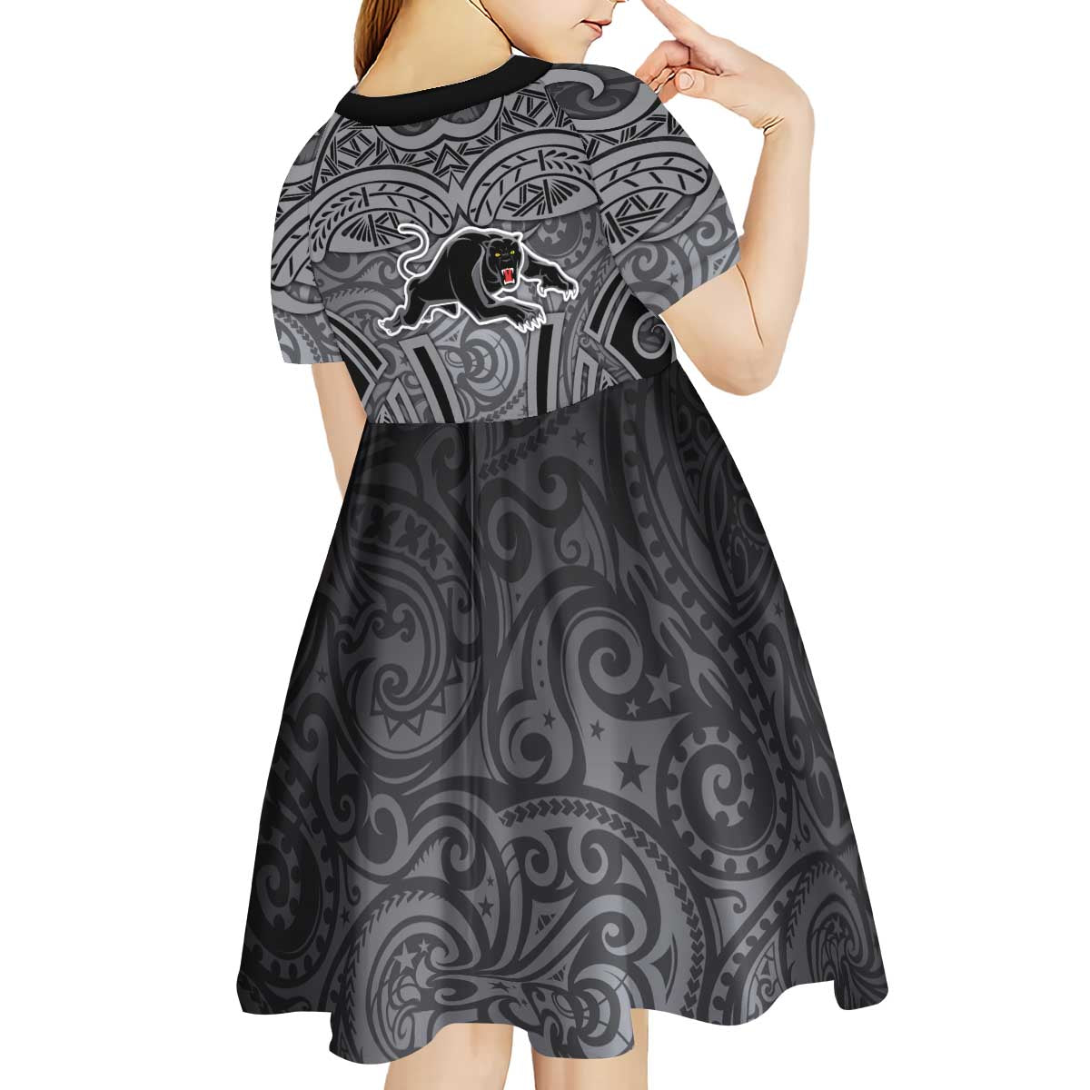 Penrith Panthers Rugby Kid Short Sleeve Dress Polynesian Tribal Panther Warrior Black Grey Pattern