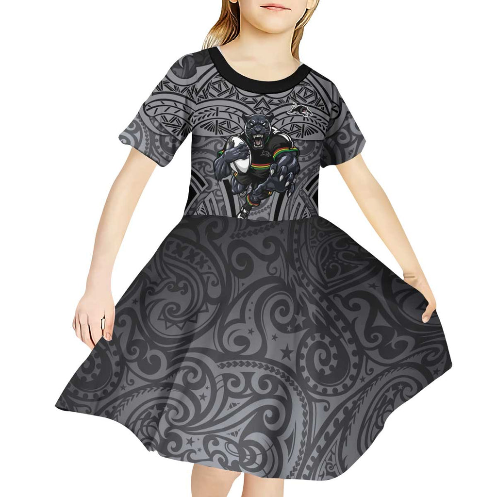 Penrith Panthers Rugby Kid Short Sleeve Dress Polynesian Tribal Panther Warrior Black Grey Pattern