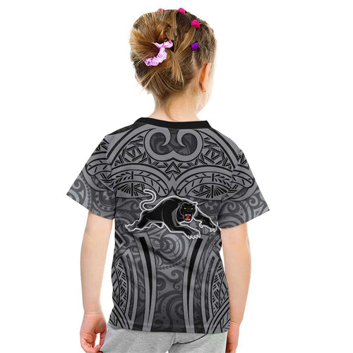 Penrith Panthers Rugby Kid T Shirt Polynesian Tribal Panther Warrior Black Grey Pattern