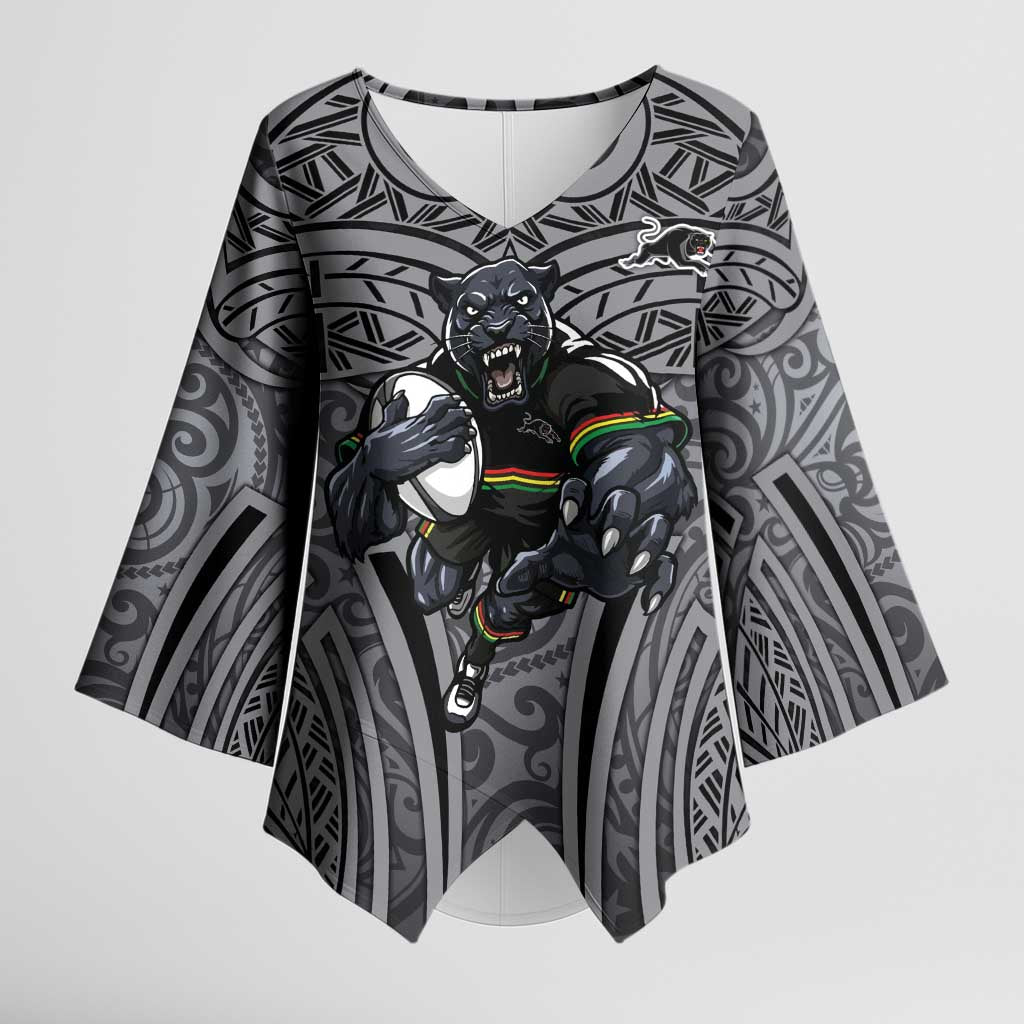 Penrith Panthers Rugby Kimono Sleeve Blouse Polynesian Tribal Panther Warrior Black Grey Pattern