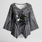 Penrith Panthers Rugby Kimono Sleeve Blouse Polynesian Tribal Panther Warrior Black Grey Pattern