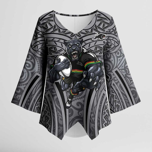 Penrith Panthers Rugby Kimono Sleeve Blouse Polynesian Tribal Panther Warrior Black Grey Pattern