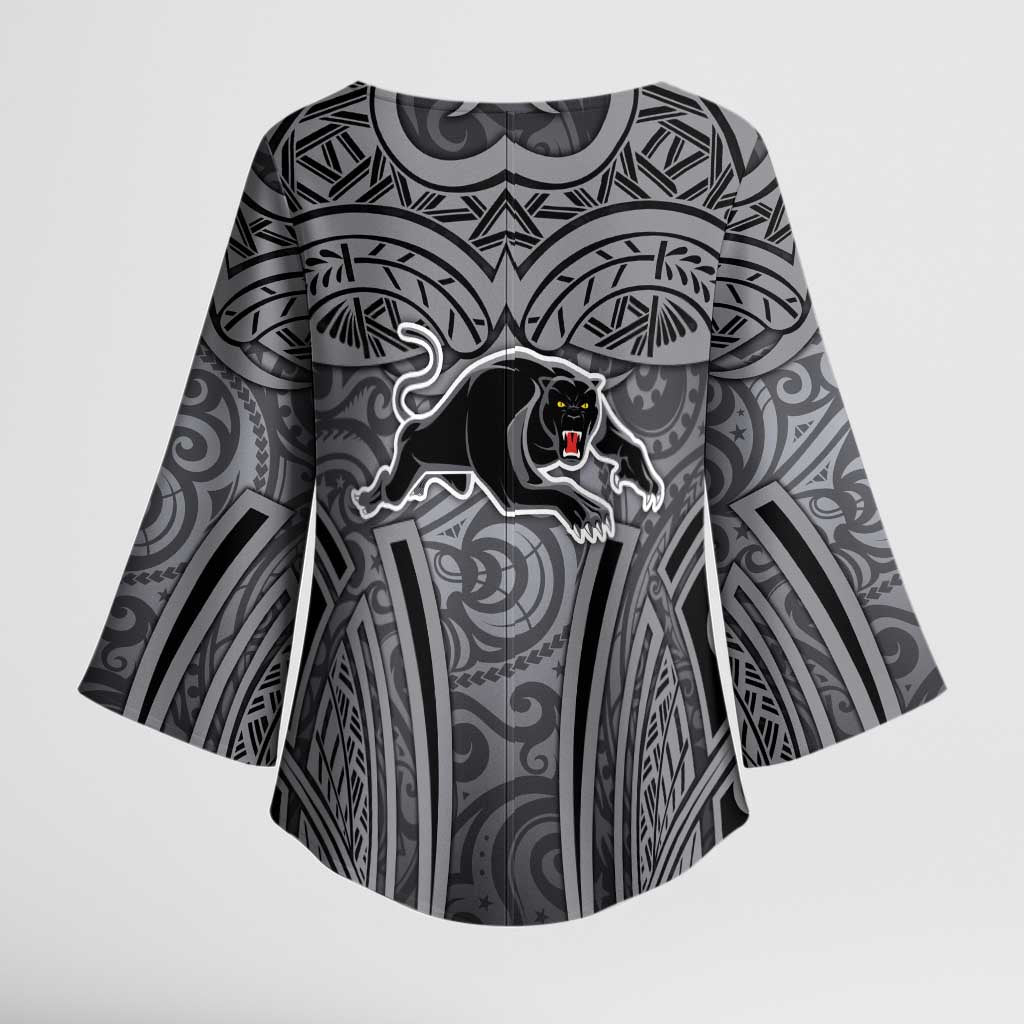 Penrith Panthers Rugby Kimono Sleeve Blouse Polynesian Tribal Panther Warrior Black Grey Pattern