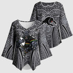 Penrith Panthers Rugby Kimono Sleeve Blouse Polynesian Tribal Panther Warrior Black Grey Pattern
