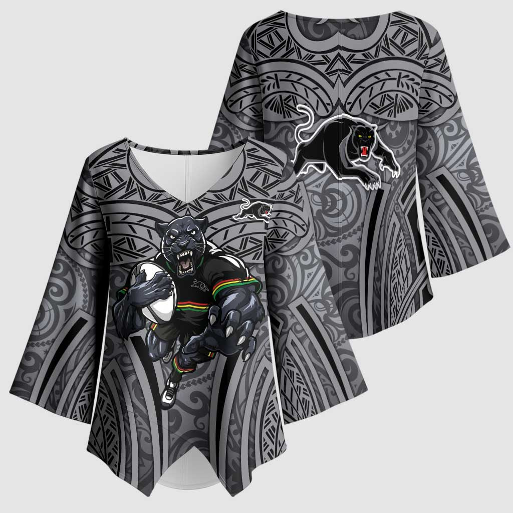 Penrith Panthers Rugby Kimono Sleeve Blouse Polynesian Tribal Panther Warrior Black Grey Pattern