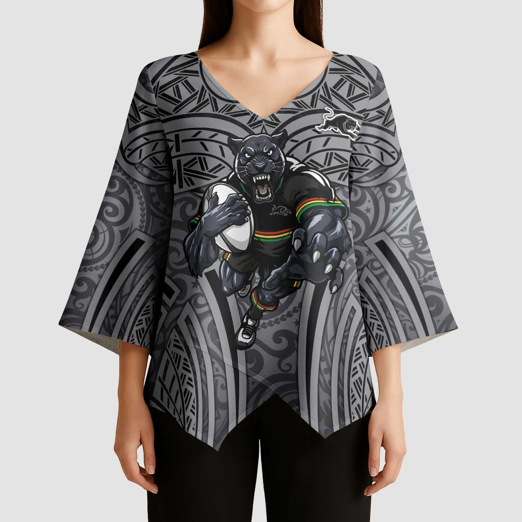 Penrith Panthers Rugby Kimono Sleeve Blouse Polynesian Tribal Panther Warrior Black Grey Pattern