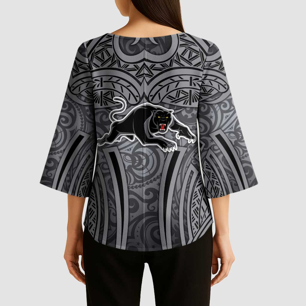 Penrith Panthers Rugby Kimono Sleeve Blouse Polynesian Tribal Panther Warrior Black Grey Pattern