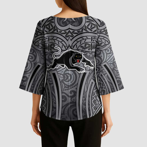 Penrith Panthers Rugby Kimono Sleeve Blouse Polynesian Tribal Panther Warrior Black Grey Pattern