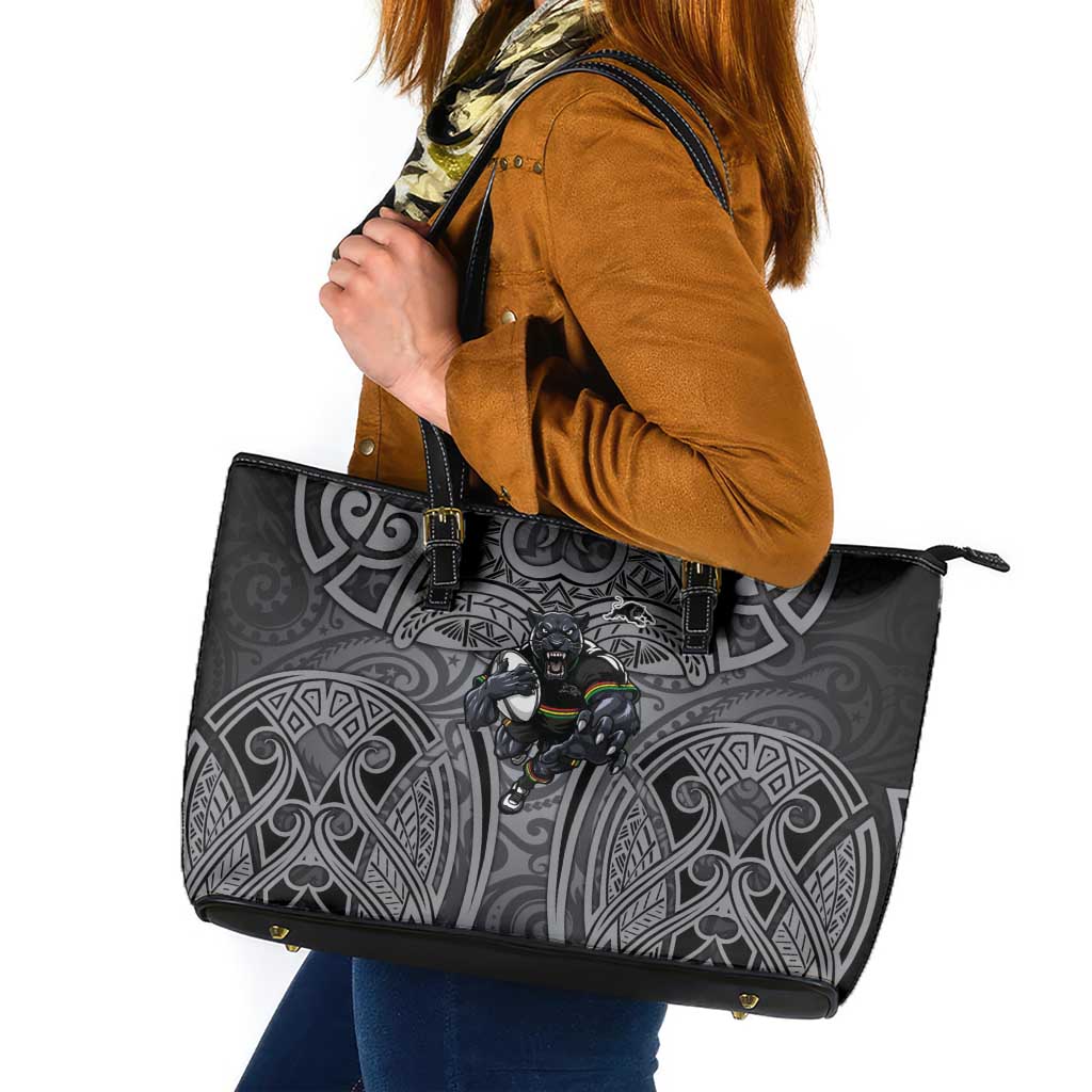 Penrith Panthers Rugby Leather Tote Bag Polynesian Tribal Panther Warrior Black Grey Pattern