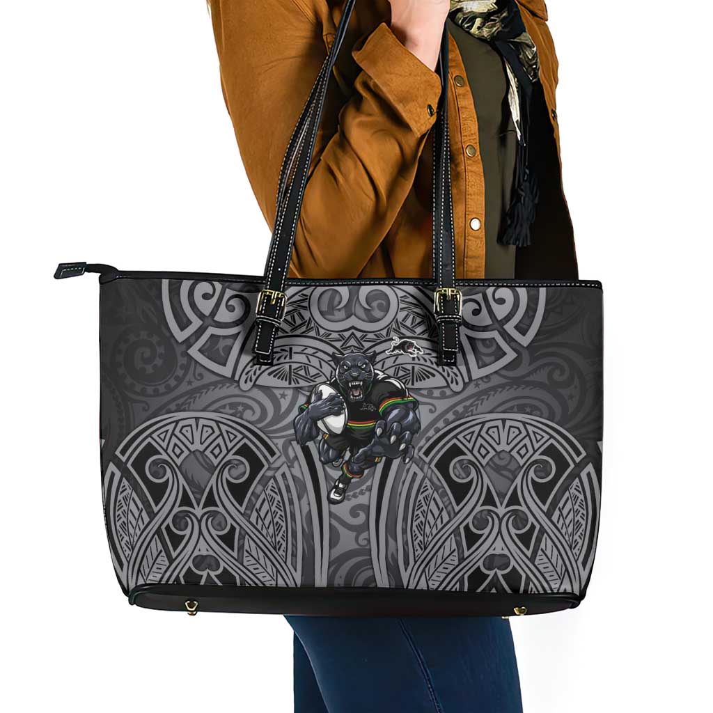 Penrith Panthers Rugby Leather Tote Bag Polynesian Tribal Panther Warrior Black Grey Pattern