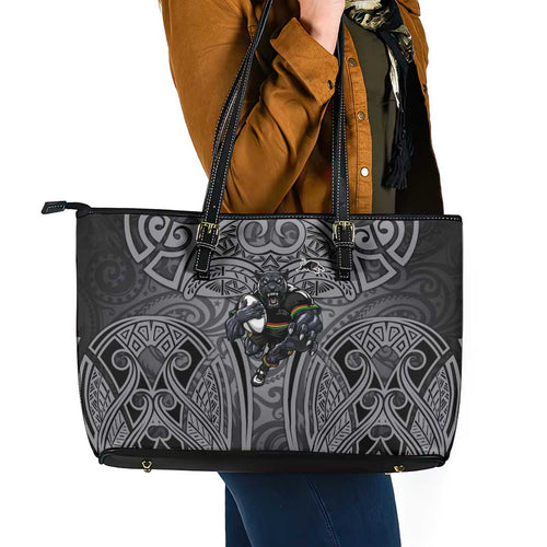 Penrith Panthers Rugby Leather Tote Bag Polynesian Tribal Panther Warrior Black Grey Pattern