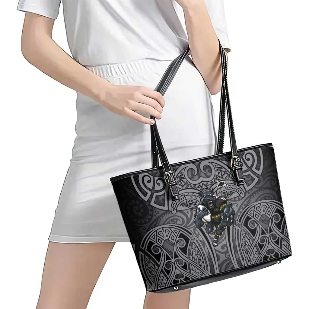 Penrith Panthers Rugby Leather Tote Bag Polynesian Tribal Panther Warrior Black Grey Pattern