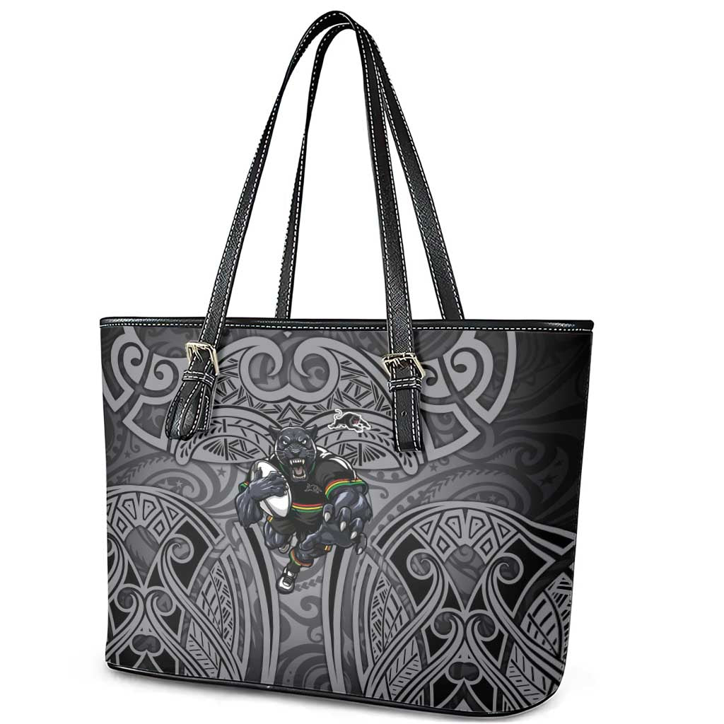 Penrith Panthers Rugby Leather Tote Bag Polynesian Tribal Panther Warrior Black Grey Pattern
