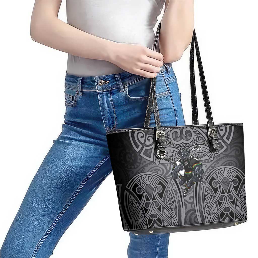 Penrith Panthers Rugby Leather Tote Bag Polynesian Tribal Panther Warrior Black Grey Pattern