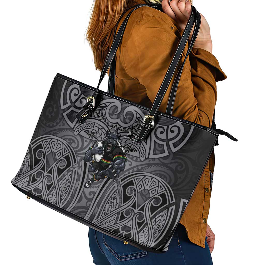 Penrith Panthers Rugby Leather Tote Bag Polynesian Tribal Panther Warrior Black Grey Pattern