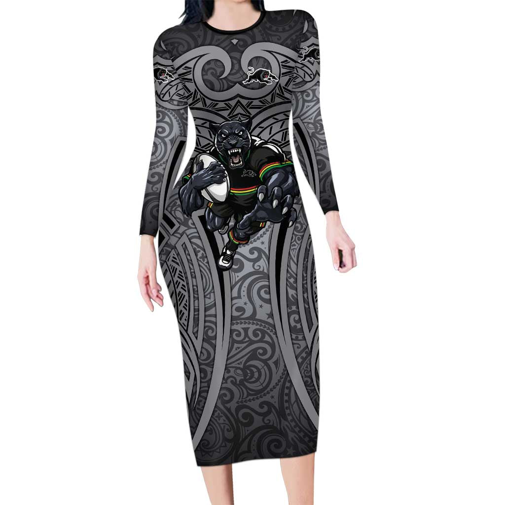 Penrith Panthers Rugby Long Sleeve Bodycon Dress Polynesian Tribal Panther Warrior Black Grey Pattern