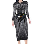 Penrith Panthers Rugby Long Sleeve Bodycon Dress Polynesian Tribal Panther Warrior Black Grey Pattern