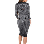Penrith Panthers Rugby Long Sleeve Bodycon Dress Polynesian Tribal Panther Warrior Black Grey Pattern