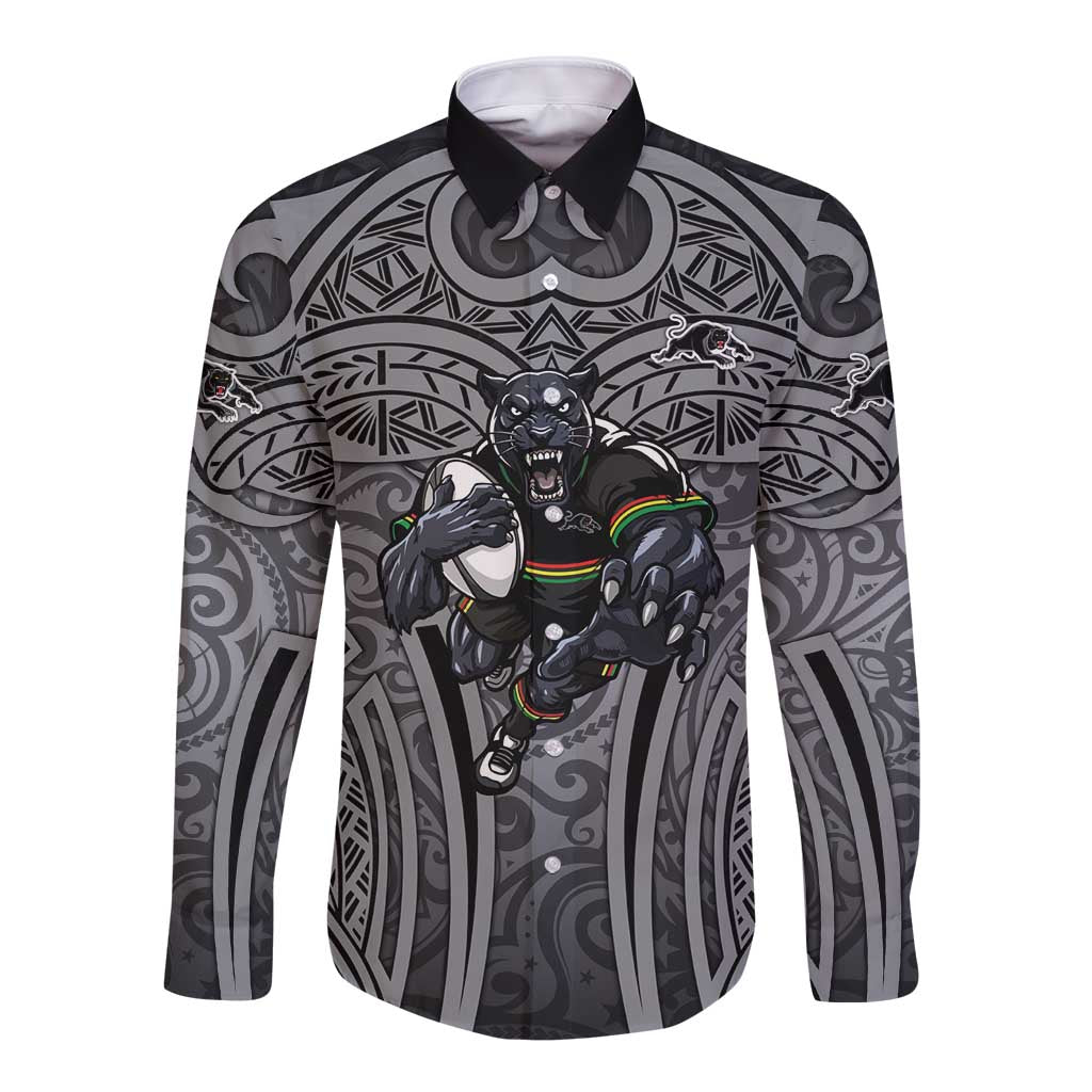 Penrith Panthers Rugby Long Sleeve Button Shirt Polynesian Tribal Panther Warrior Black Grey Pattern