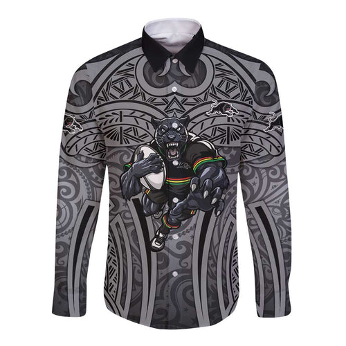 Penrith Panthers Rugby Long Sleeve Button Shirt Polynesian Tribal Panther Warrior Black Grey Pattern