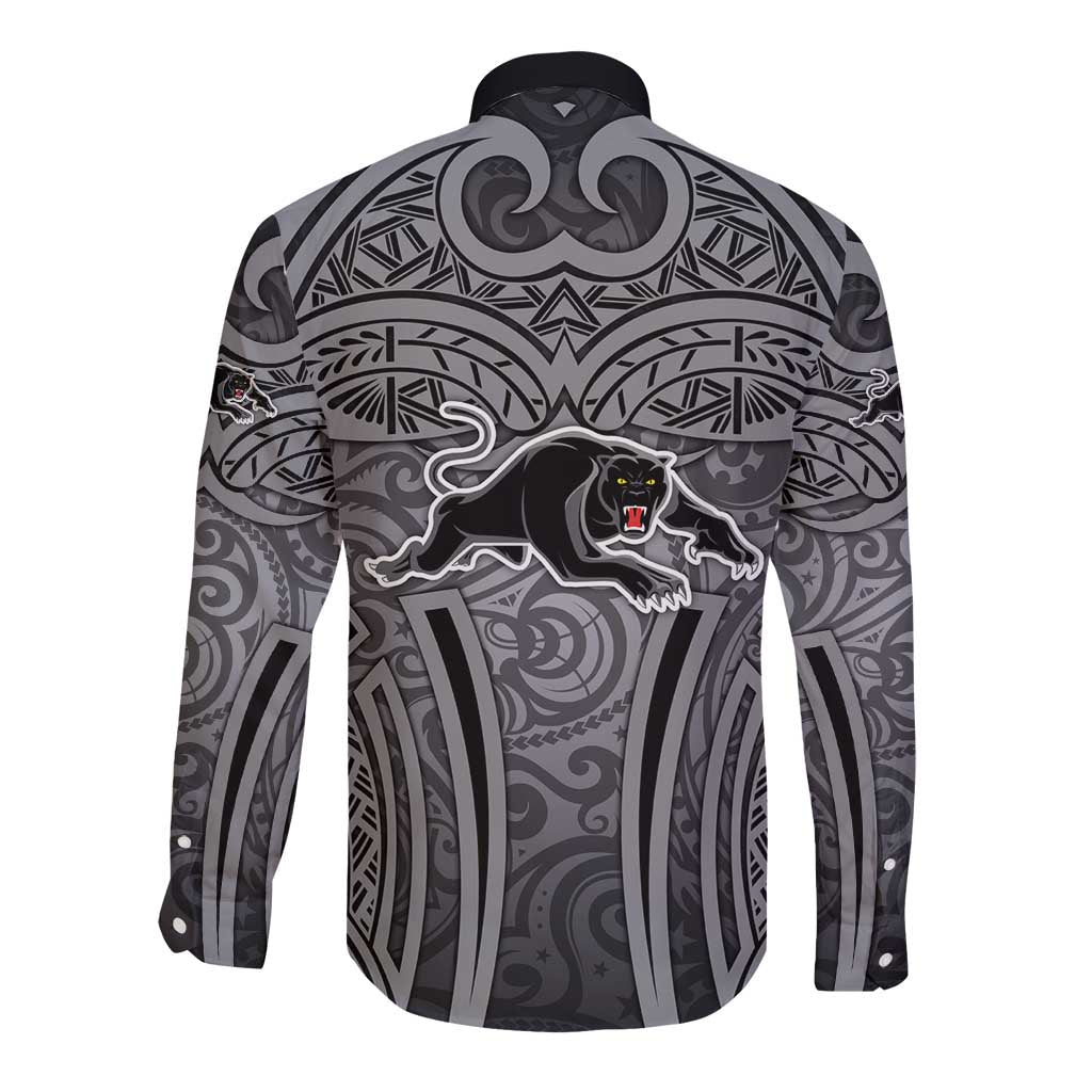 Penrith Panthers Rugby Long Sleeve Button Shirt Polynesian Tribal Panther Warrior Black Grey Pattern